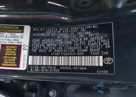 2012 Toyota Camry Xle z USA, uszkodzony, nr VIN 4T4BF1FK9CR241995